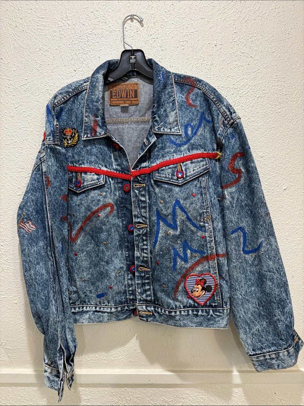 Edwin Acid Wash Denim Jacket with Red Trim and Blue Paint Accents